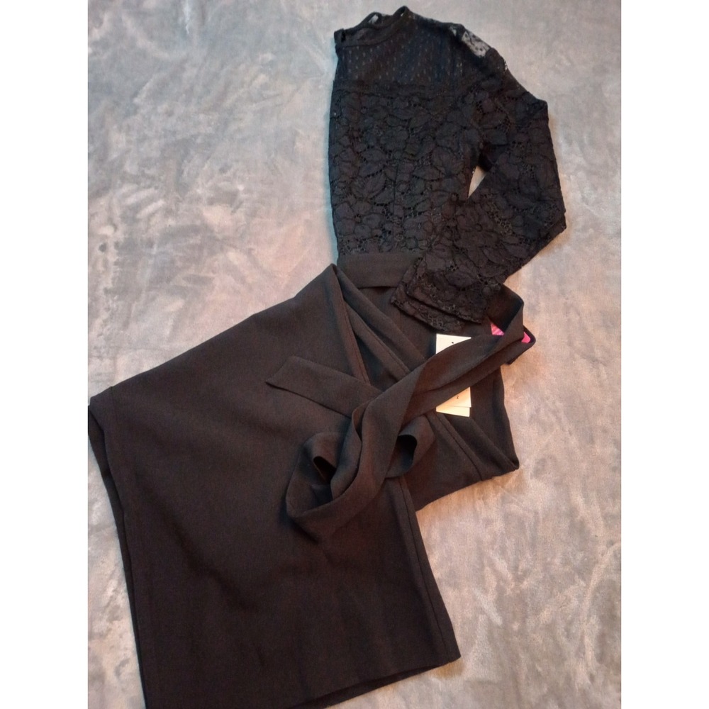 Donna Ricco Jumpsuit Romper Womens Sz 2 Black Lace‎ Mesh Floral Belted Wide Leg